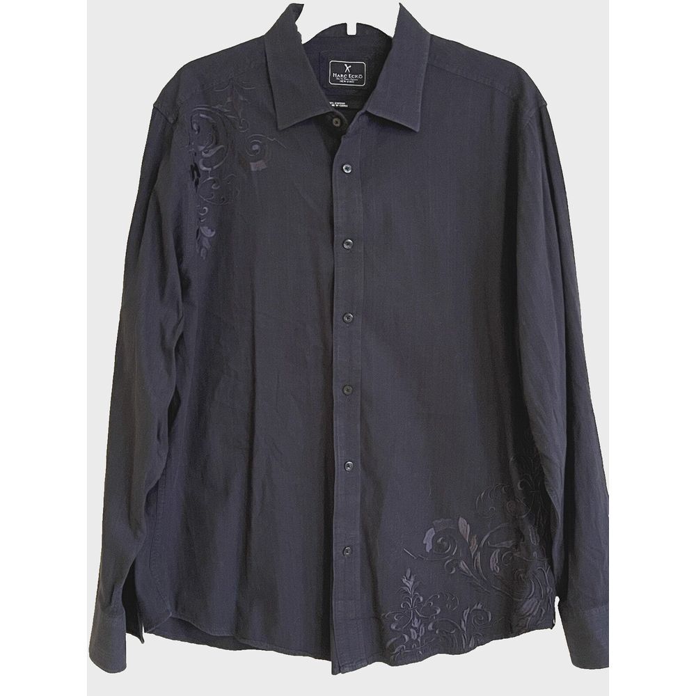 Marc Ecko Mens Shirt Sz.‎ L Embroidered Dark Blue Long Sleeve Button Collared